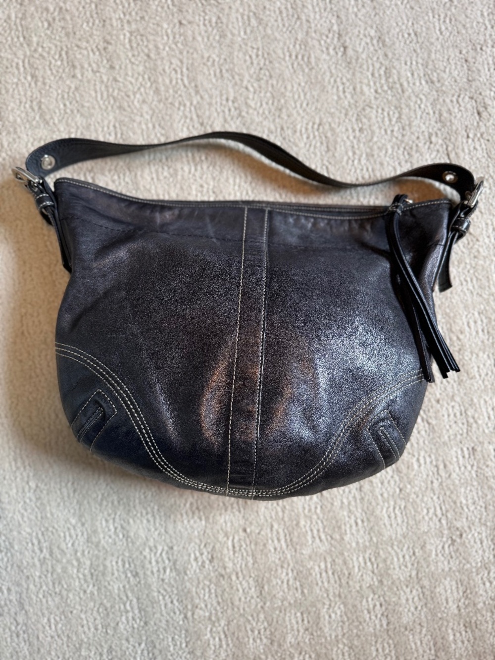 Coach Soho Large Boho Bag in Black with White Stitching and Silver accents